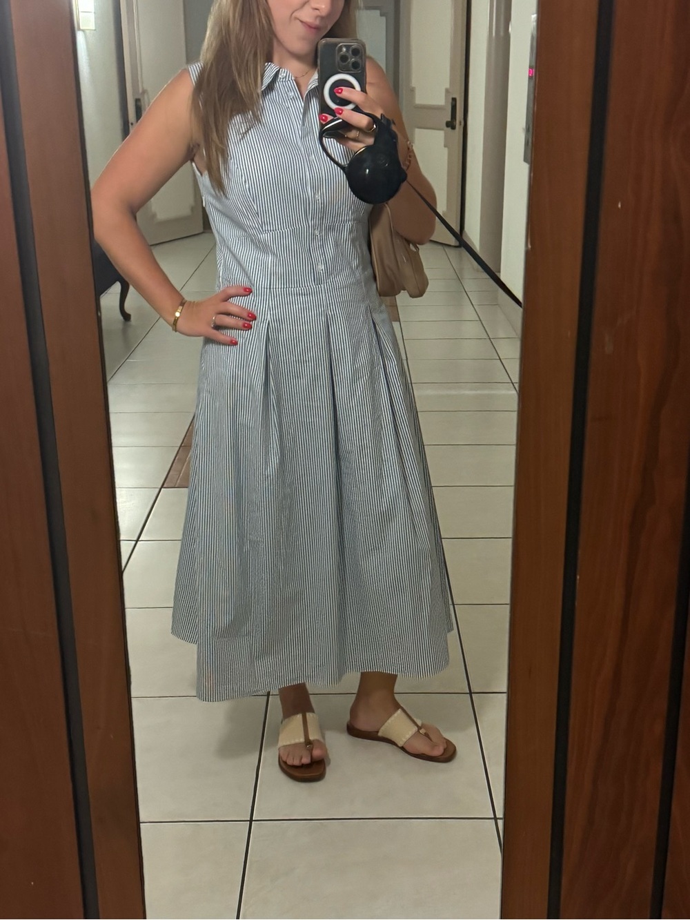 Sleeveless Blue-Striped Midi Shirt Dress with Pleated Skirt